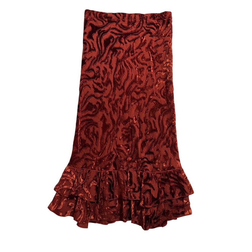Vintage DKNY Rust Orange Devoré Velvet Ruffle Hem Midi Skirt M 90s Minimalist - Picture 2 of 6